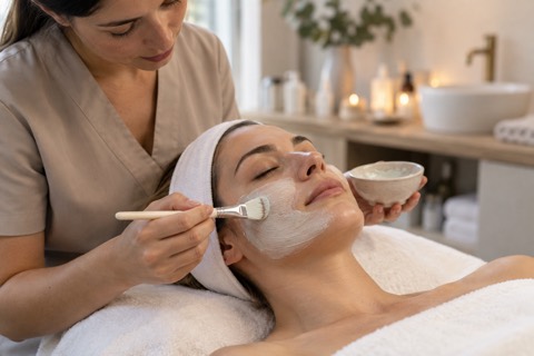 Beautician applying a face mask to a customer