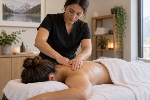 Massage therapist treating a customer’s shoulders