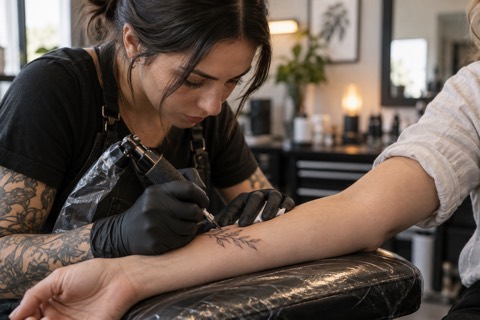 Tattoo artist working on a fine design on a forearm