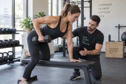 Personal trainer guiding a customer through weight training